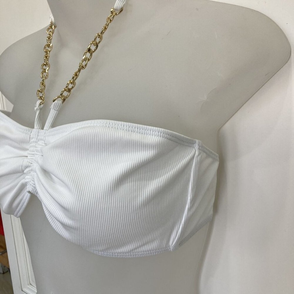 White Thong Bikini 2-piece gold chains sz L removeable cups - Picture 11 of 15